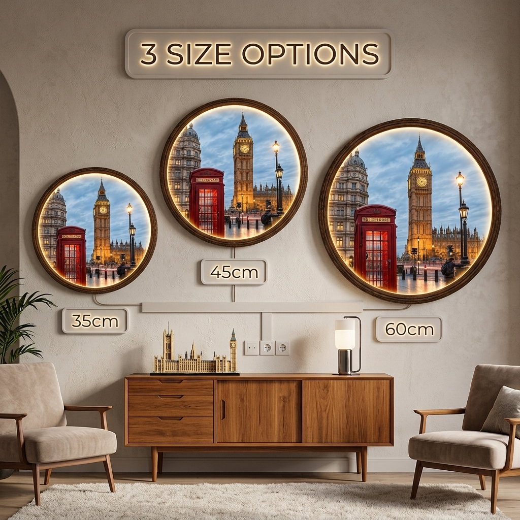 London Cityscape Round LED Wall Art – Illuminated British Landmark Home Decor
