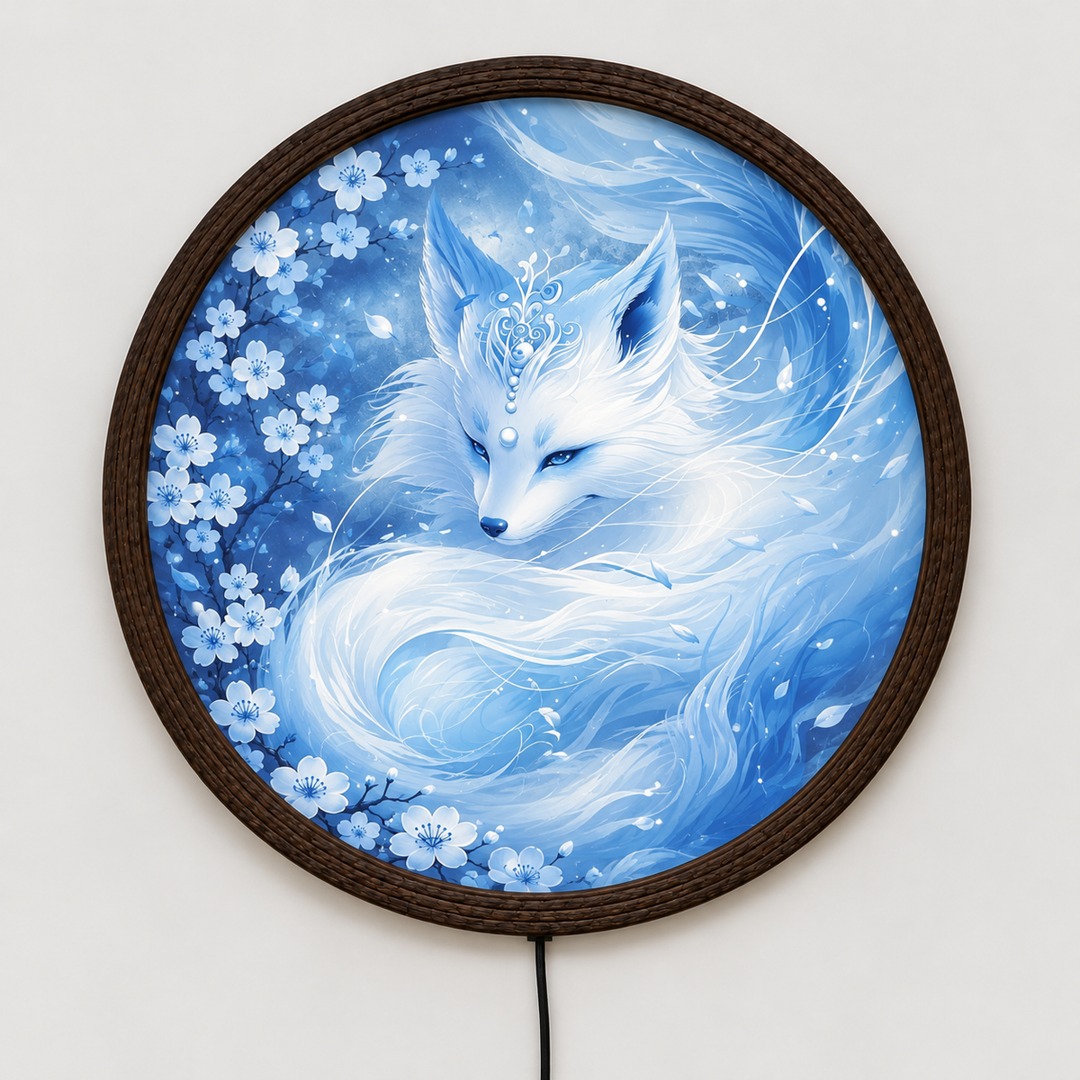 Glowing Blue Fox LED Wall Lamp, Round Japanese Fantasy Wall Art, Illuminated Home Decor with Wooden Frame