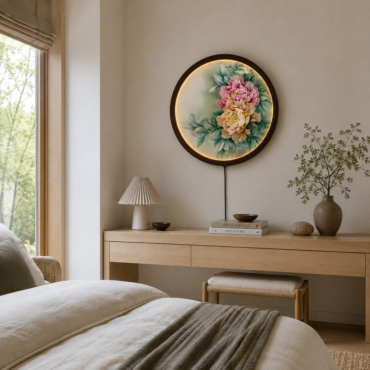 Elegant Peony LED Round Wall Art – Chinese Floral Canvas Light Decor | Modern Living Room Wall Hanging