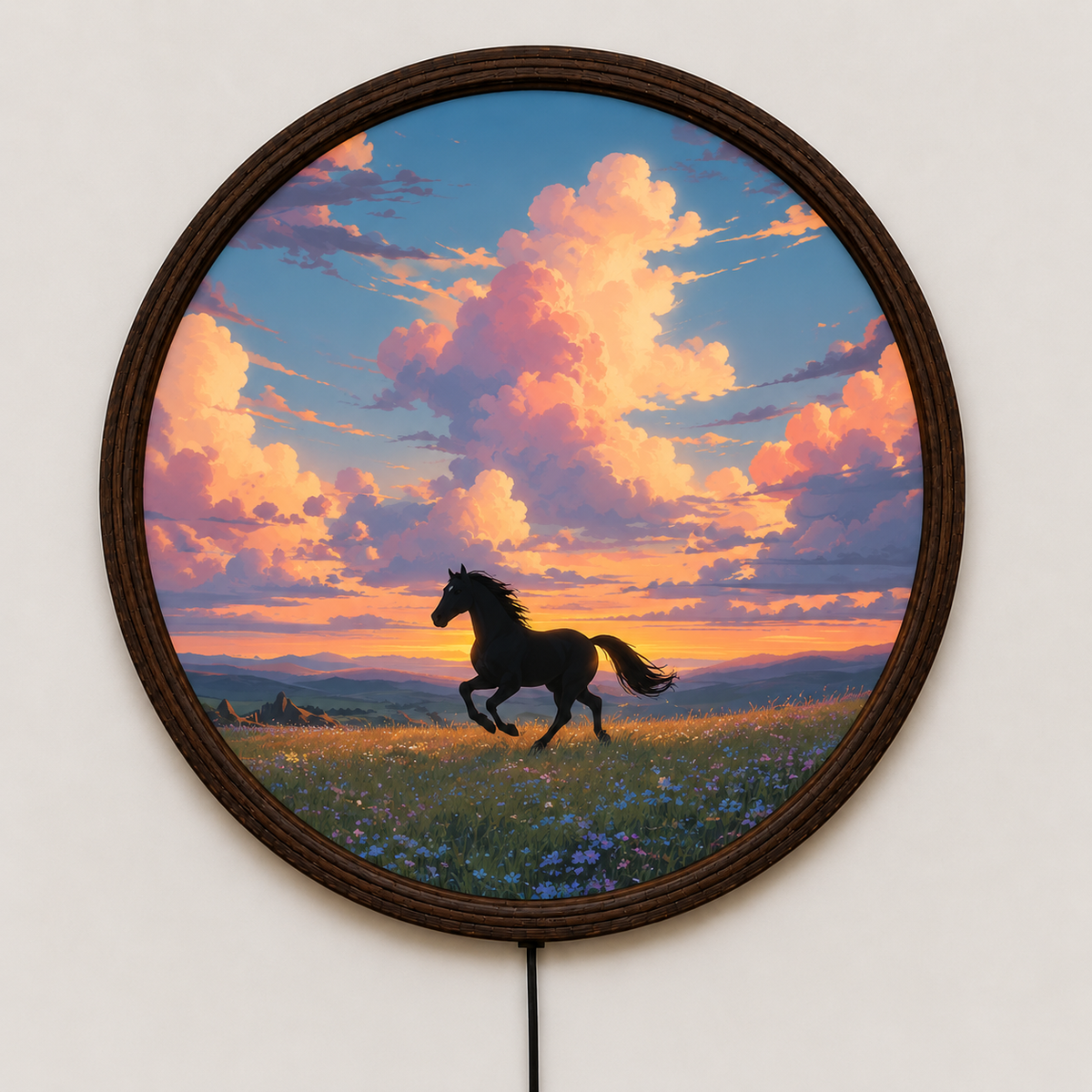 Backlit Horse Sunset Wall Art – Illuminated Round LED Wall Decor