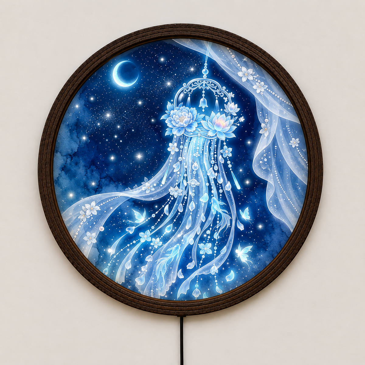 Celestial Dreamcatcher LED Wall Art, Round Illuminated Moon and Floral Wall Decor