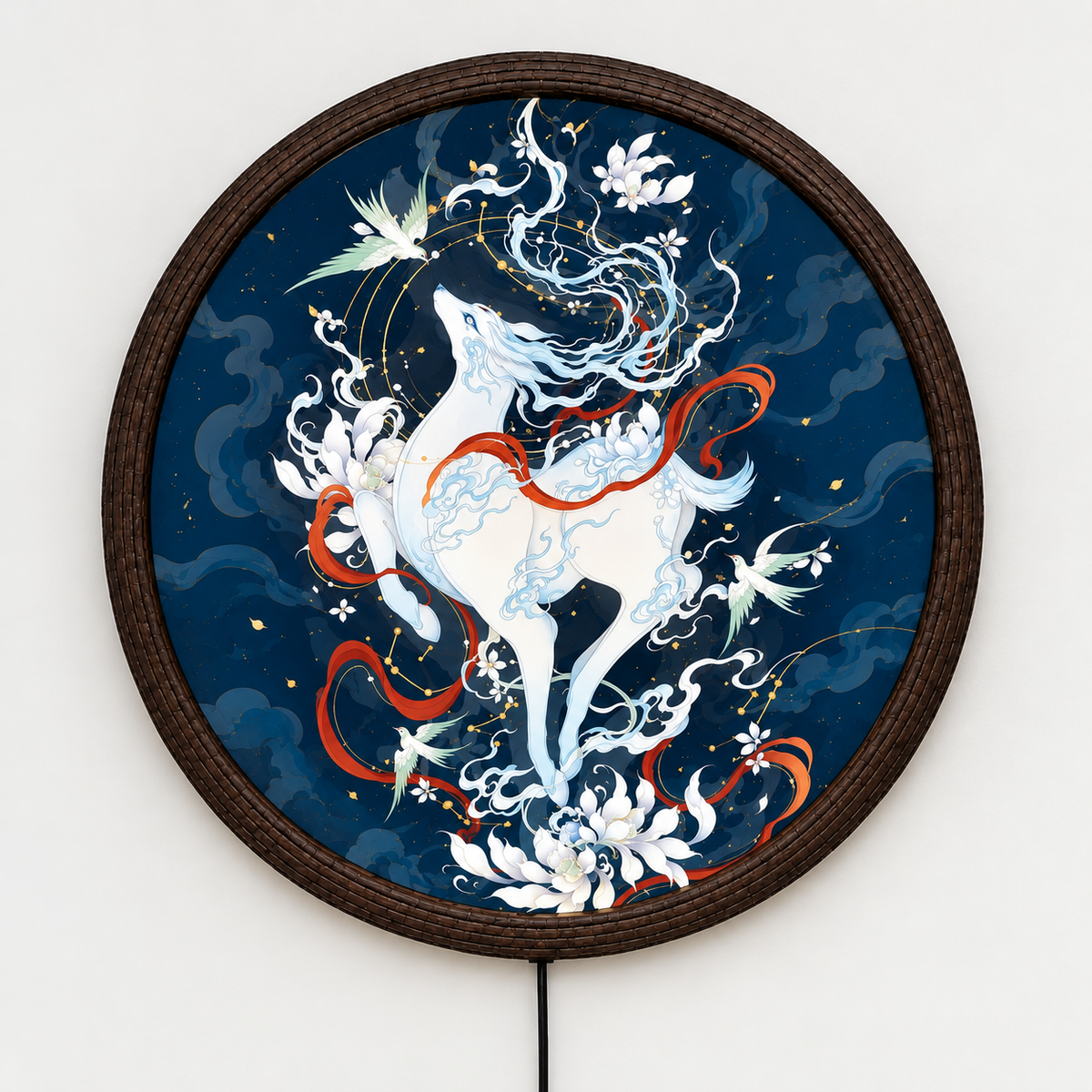 Luminous Mystical White Stag LED Wall Art – Illuminated Round Deer