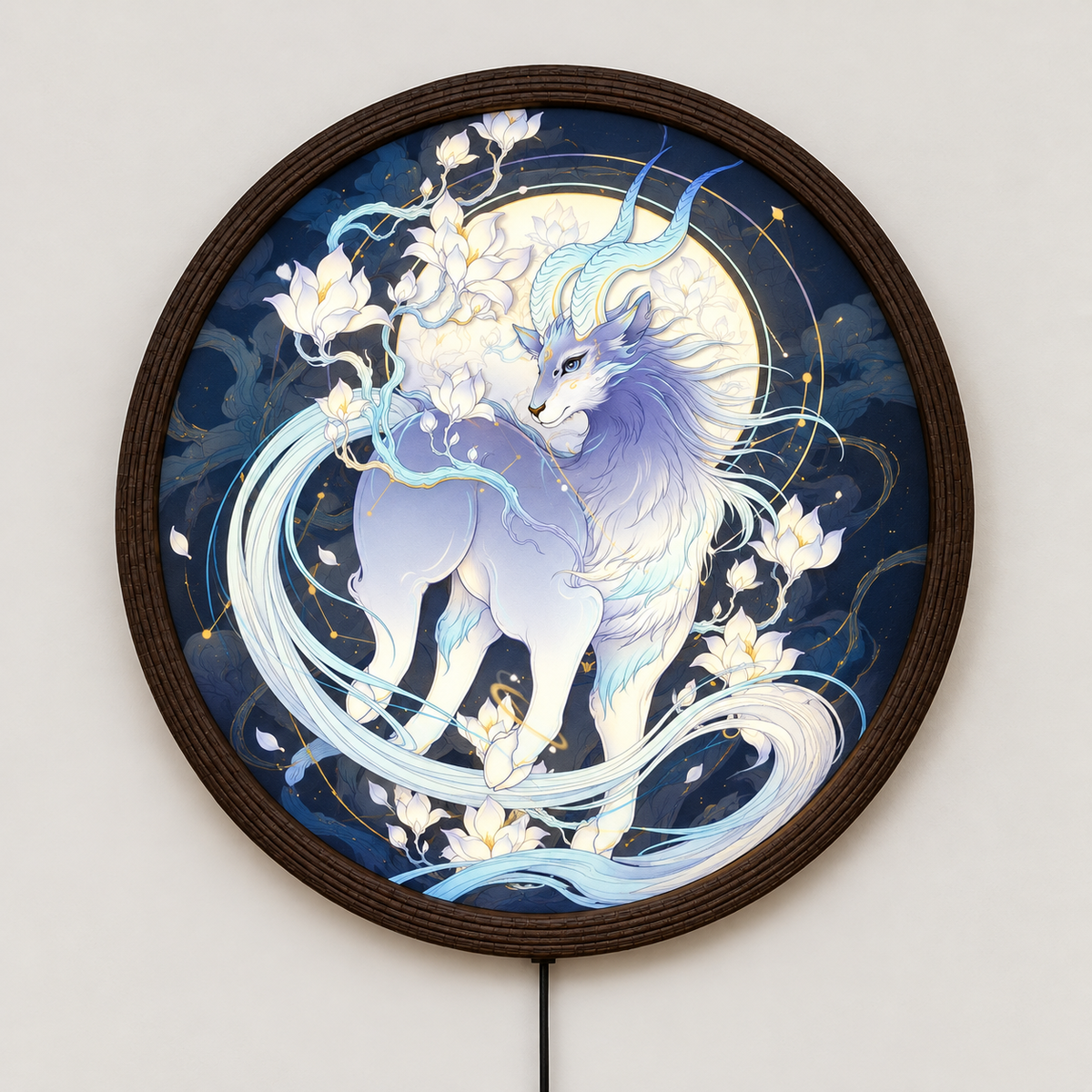 Celestial Qilin LED Light Up Wall Art - Illuminated Round Mythological Creature Decor with Acrylic Face & Wooden Frame