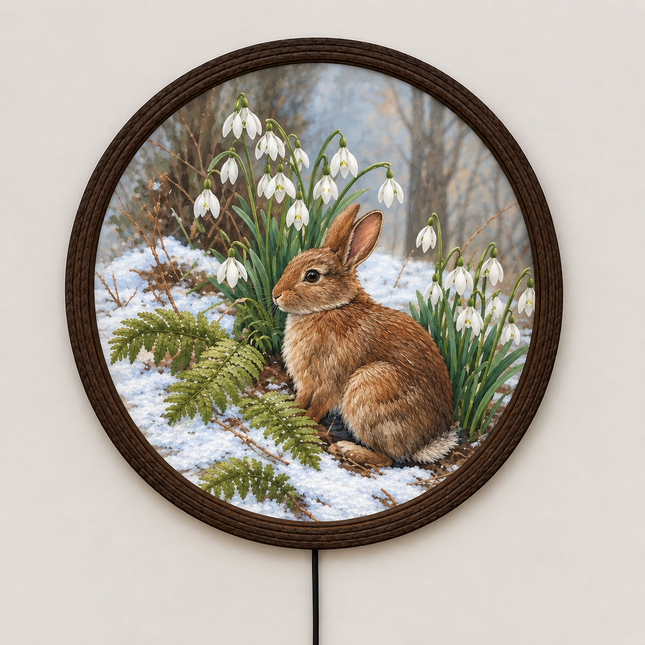 Snowdrop Bunny in Winter LED Wall Art – Round Rustic Woodland Home Decor