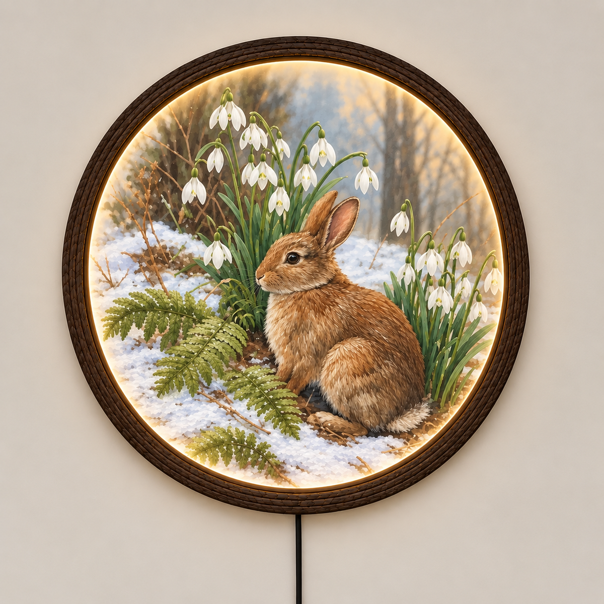 Snowdrop Bunny in Winter LED Wall Art – Round Rustic Woodland Home Decor