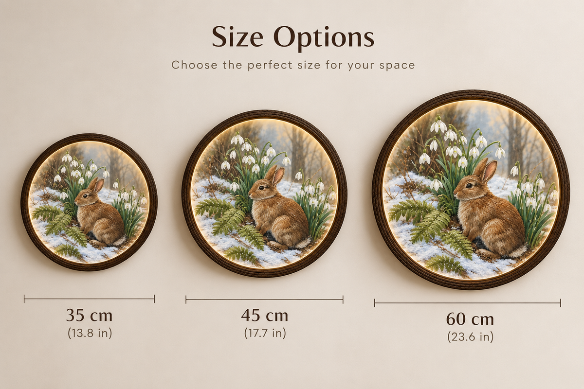 Snowdrop Bunny in Winter LED Wall Art – Round Rustic Woodland Home Decor