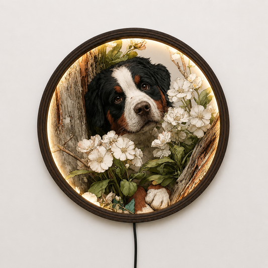 Bernese Mountain Dog LED Wall Art with White Flowers