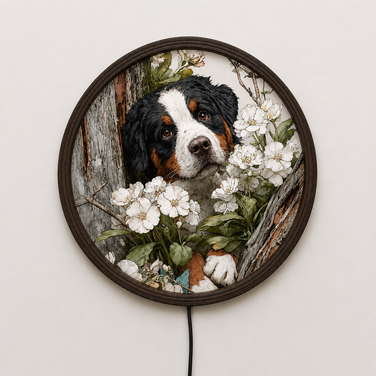 Bernese Mountain Dog LED Wall Art with White Flowers