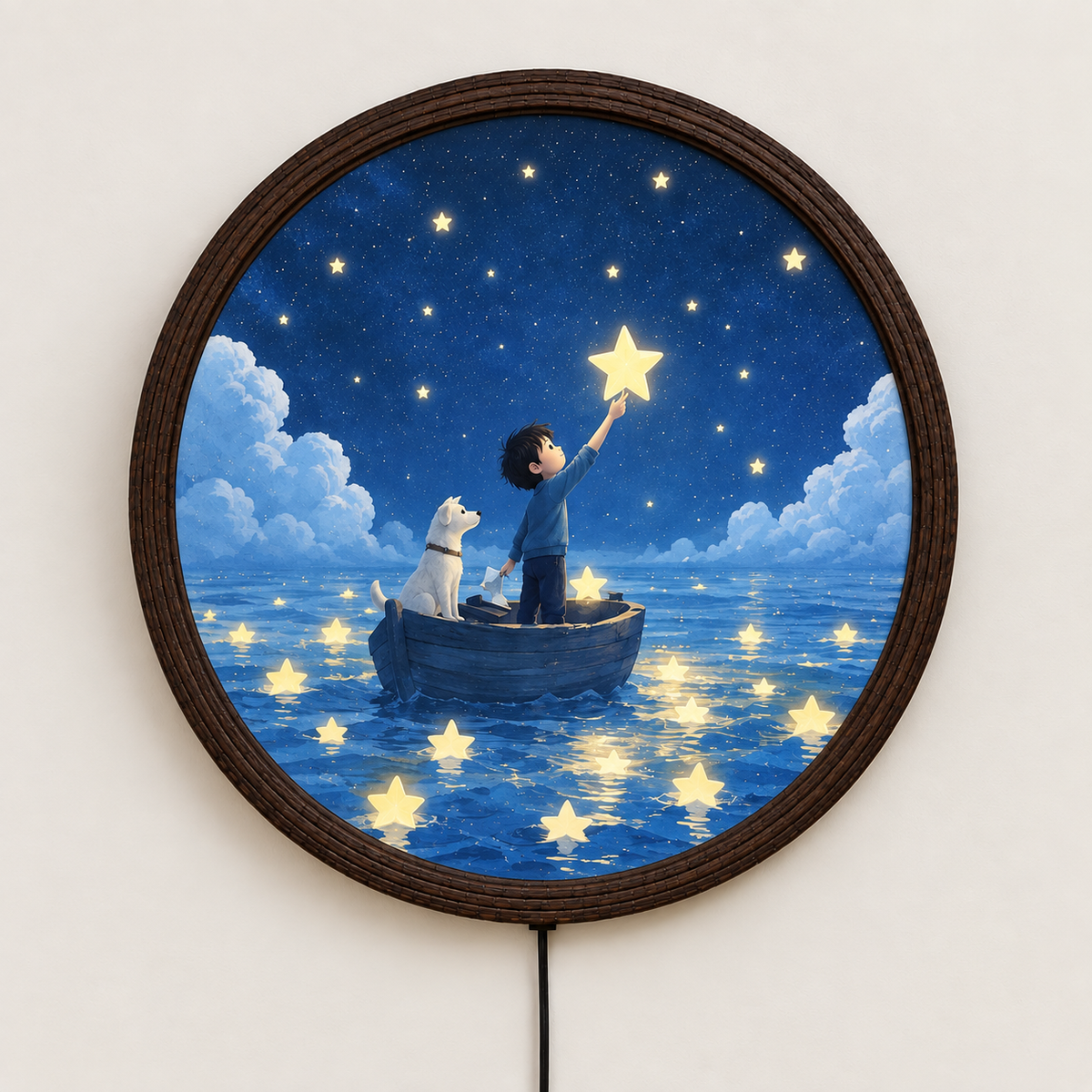 Whimsical Boy & Dog Starry Night LED Wall Art – Round Illuminated Home Decor