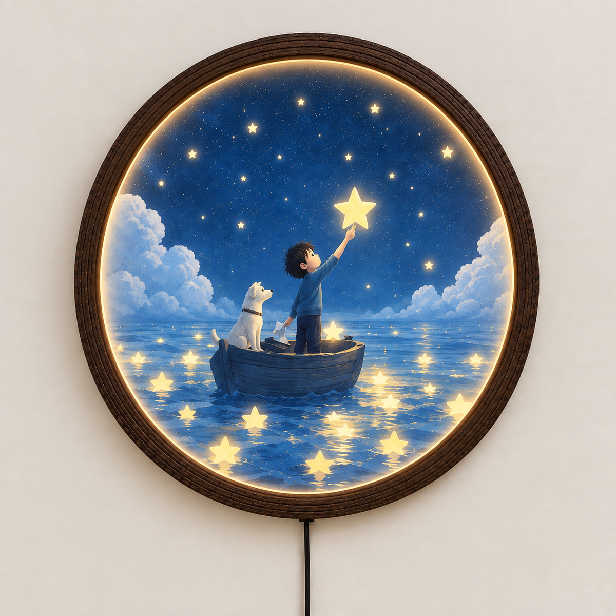 Whimsical Boy & Dog Starry Night LED Wall Art – Round Illuminated Home Decor