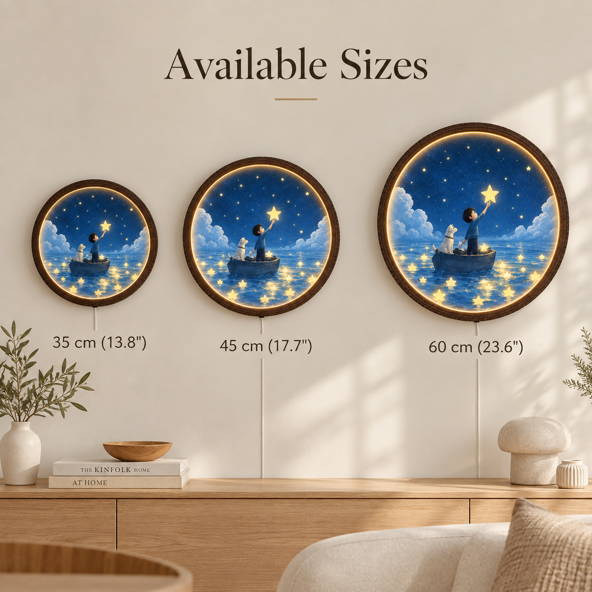 Whimsical Boy & Dog Starry Night LED Wall Art – Round Illuminated Home Decor