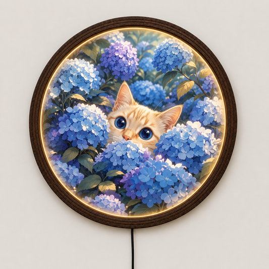 Blue Hydrangea Cat LED Wall Art – Round Illuminated Wall Decor