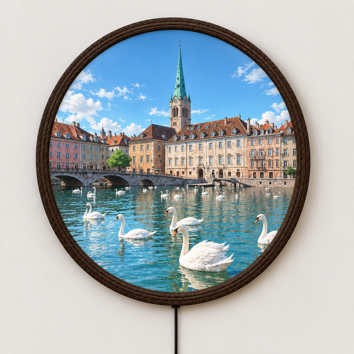 Round LED Wall Art with Swan Lake Cityscape – Illuminated Wooden Wall Decor
