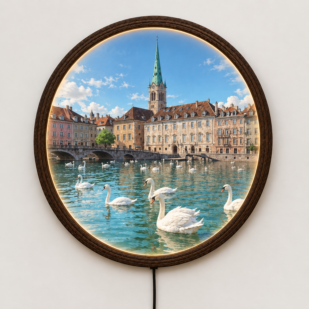 Round LED Wall Art with Swan Lake Cityscape – Illuminated Wooden Wall Decor