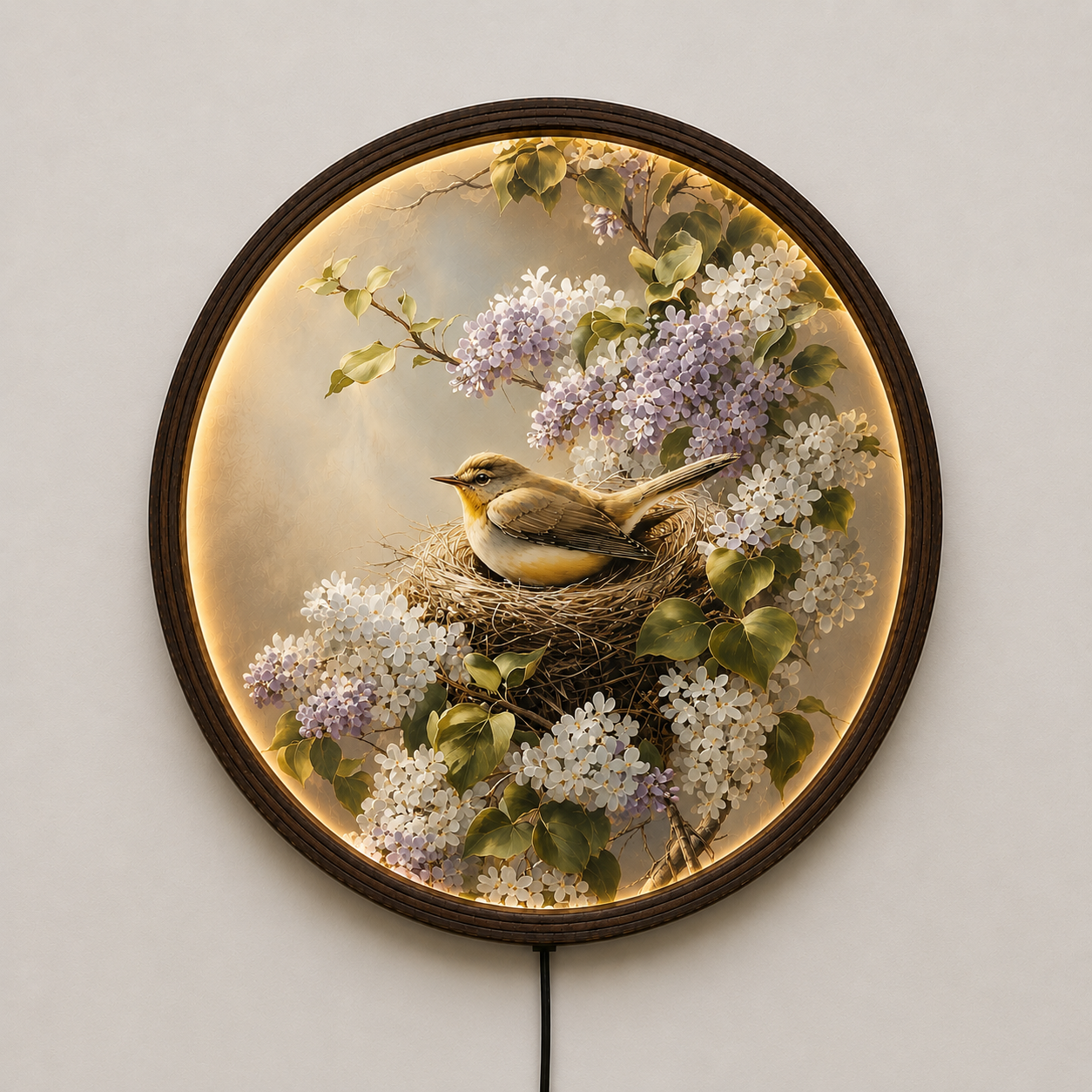 Illuminated Bird & Floral Round Wall Art – LED Backlit Nature Home Decor