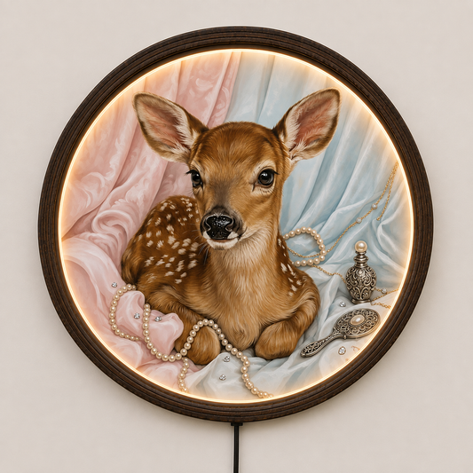 Illuminated Fawn Wall Art – Rustic Round LED Deer Nursery Decor, Vintage Woodland Home Accent