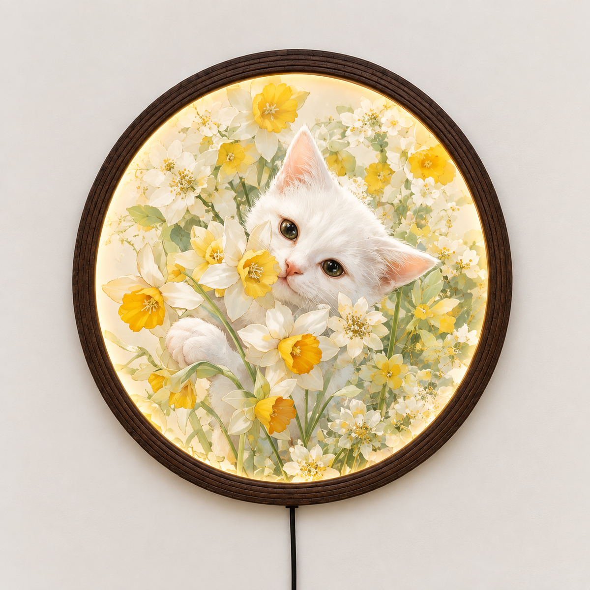 Floral Cat LED Wall Art – Round Illuminated Wall Decor, Cozy Home Accent
