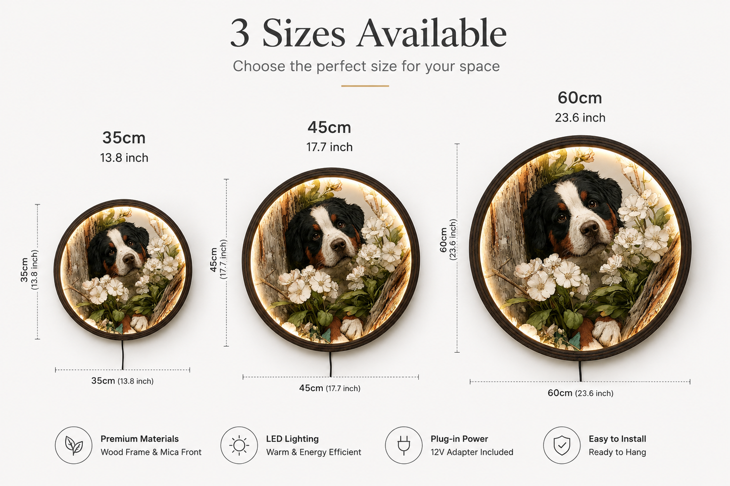 Bernese Mountain Dog LED Wall Art with White Flowers