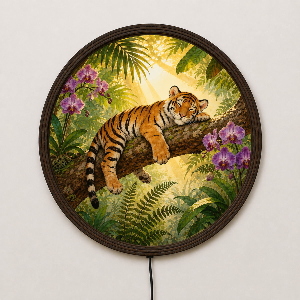 Sleeping Tiger Jungle Round LED Wall Light - Illuminated Tropical Botanical Wall Art for Living Room Decor