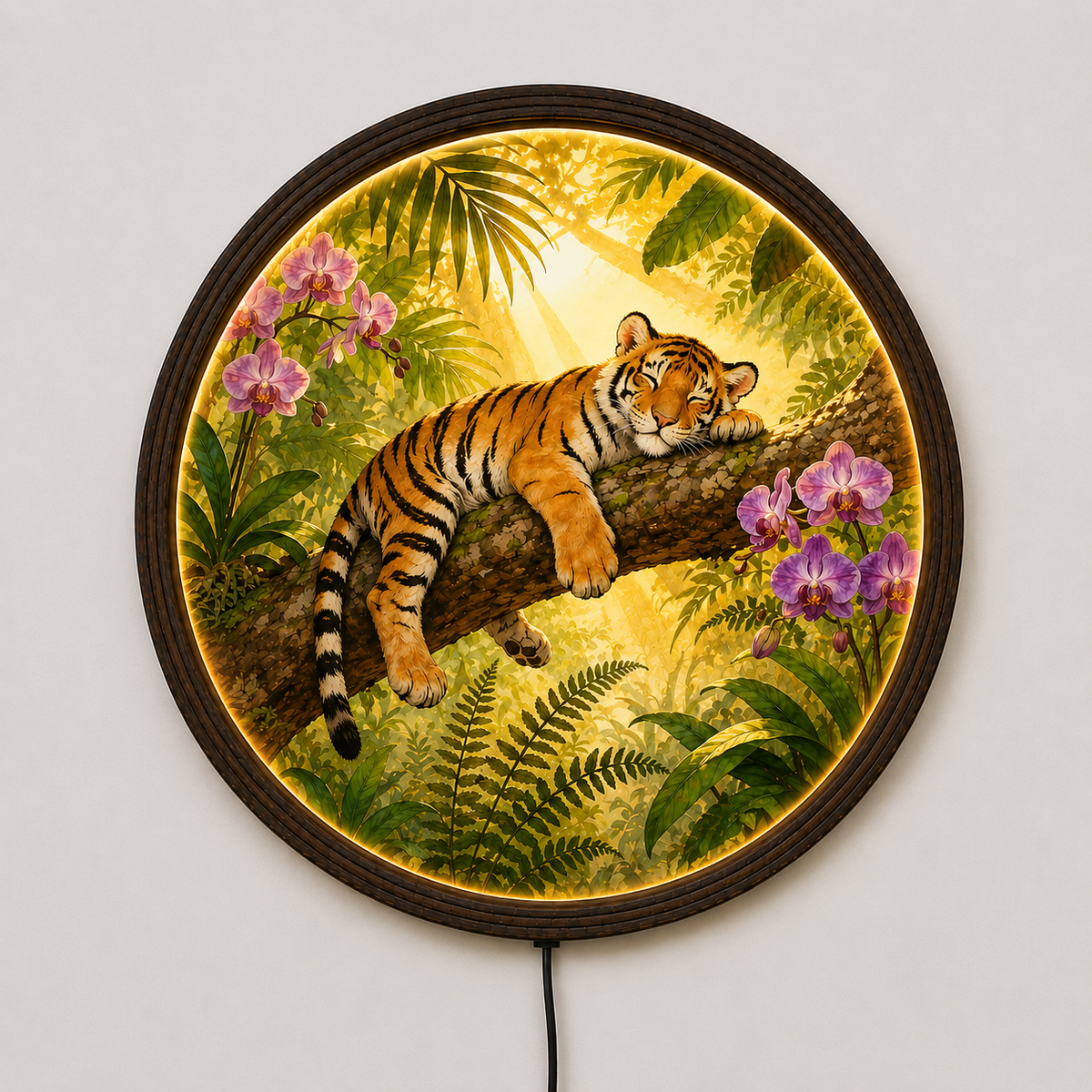 Sleeping Tiger Jungle Round LED Wall Light - Illuminated Tropical Botanical Wall Art for Living Room Decor