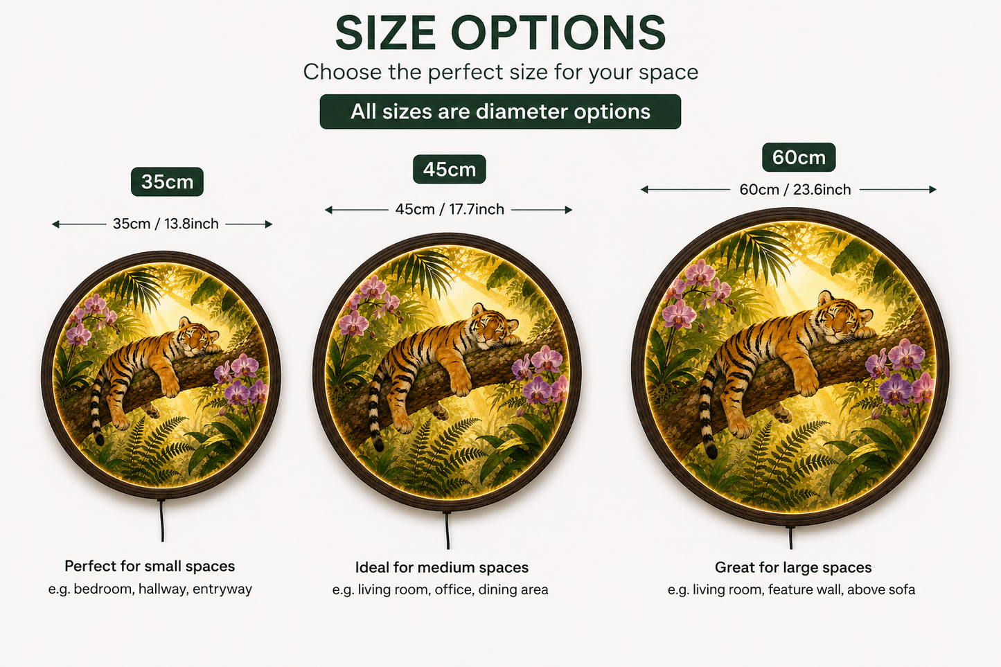 Sleeping Tiger Jungle Round LED Wall Light - Illuminated Tropical Botanical Wall Art for Living Room Decor