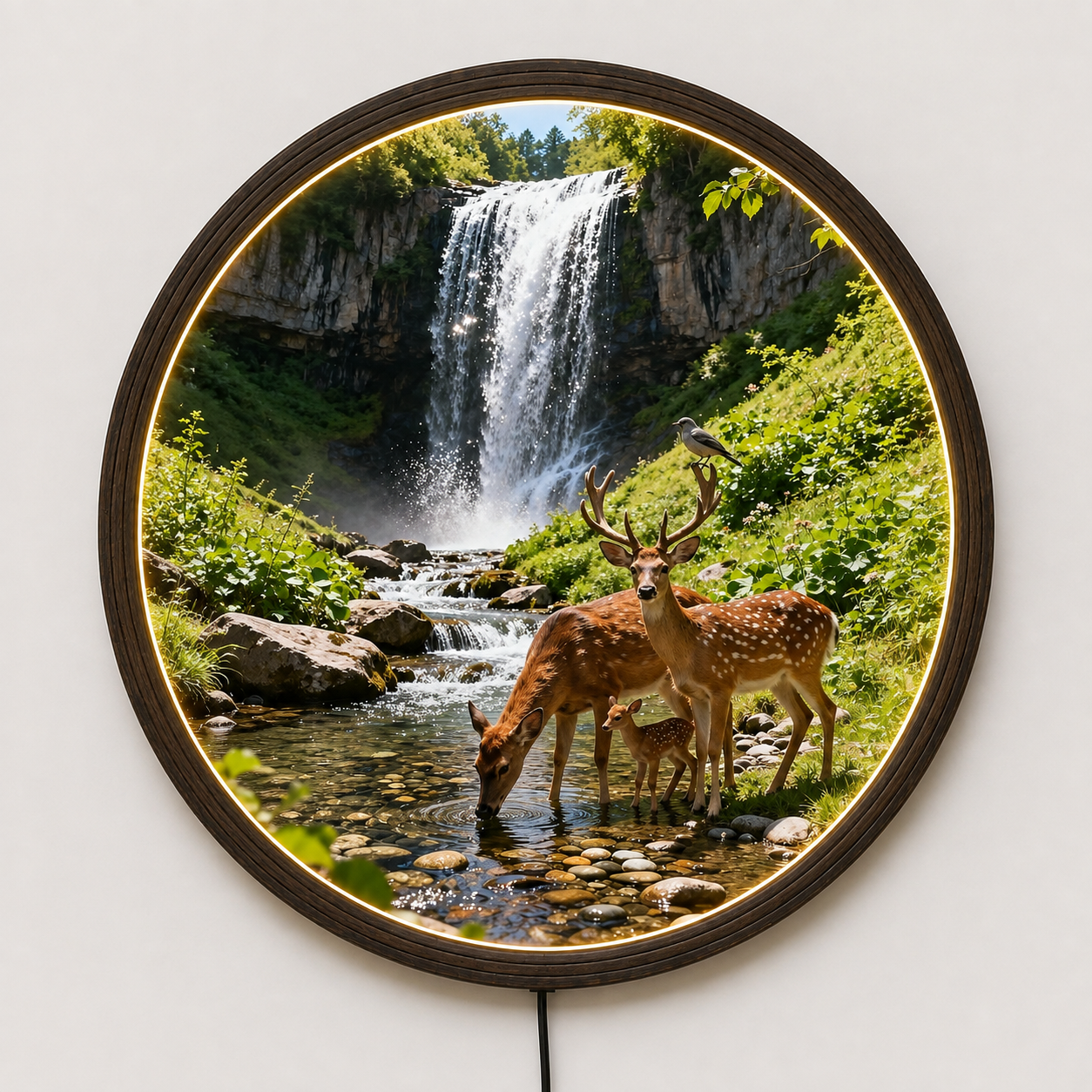 Illuminated Round Nature Wall Art – Waterfall & Deer Family LED Framed Decor