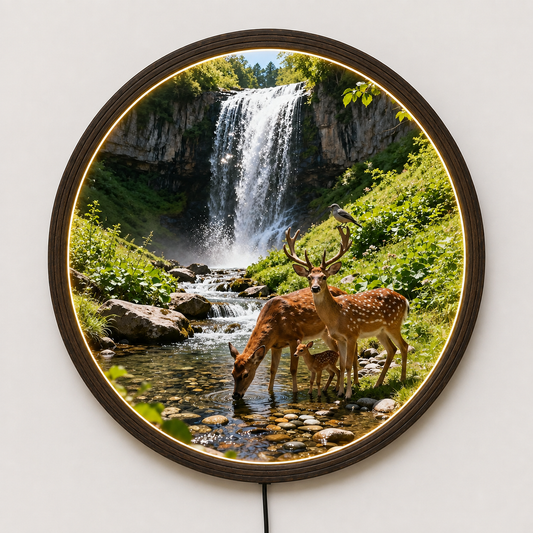 Illuminated Round Nature Wall Art – Waterfall & Deer Family LED Framed Decor
