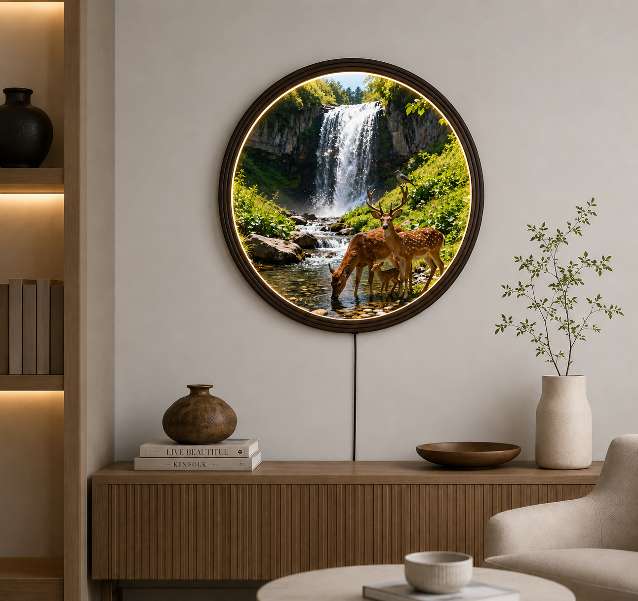 Illuminated Round Nature Wall Art – Waterfall & Deer Family LED Framed Decor