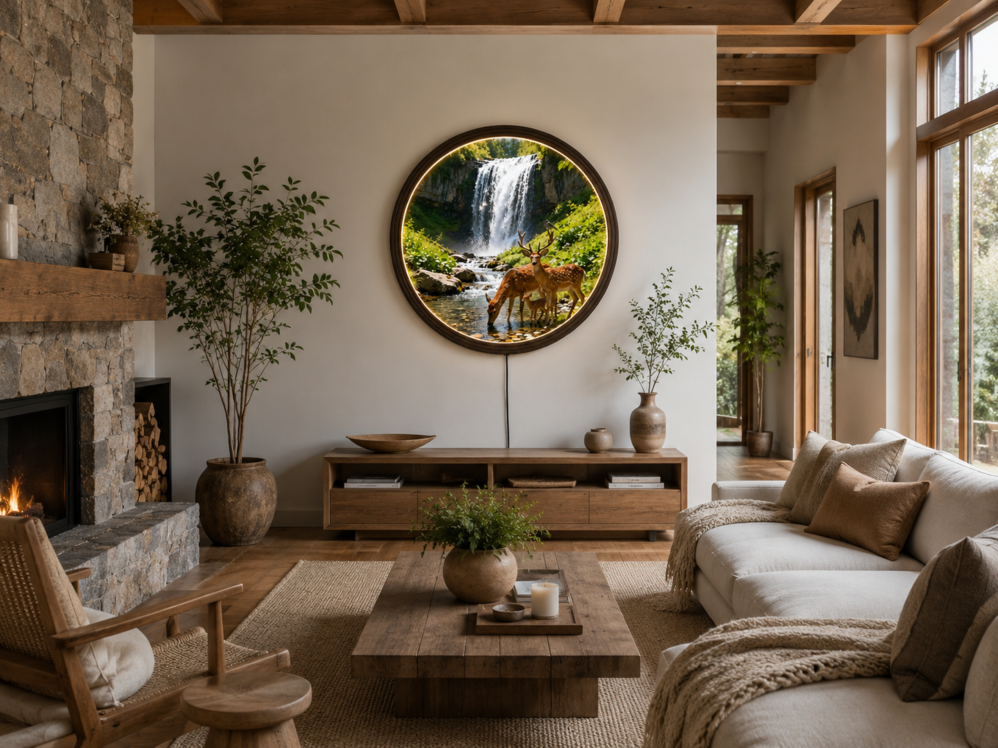 Illuminated Round Nature Wall Art – Waterfall & Deer Family LED Framed Decor