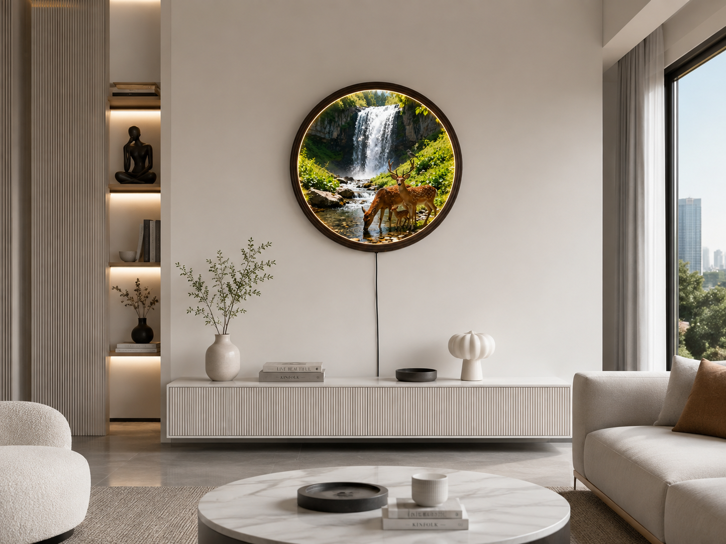 Illuminated Round Nature Wall Art – Waterfall & Deer Family LED Framed Decor