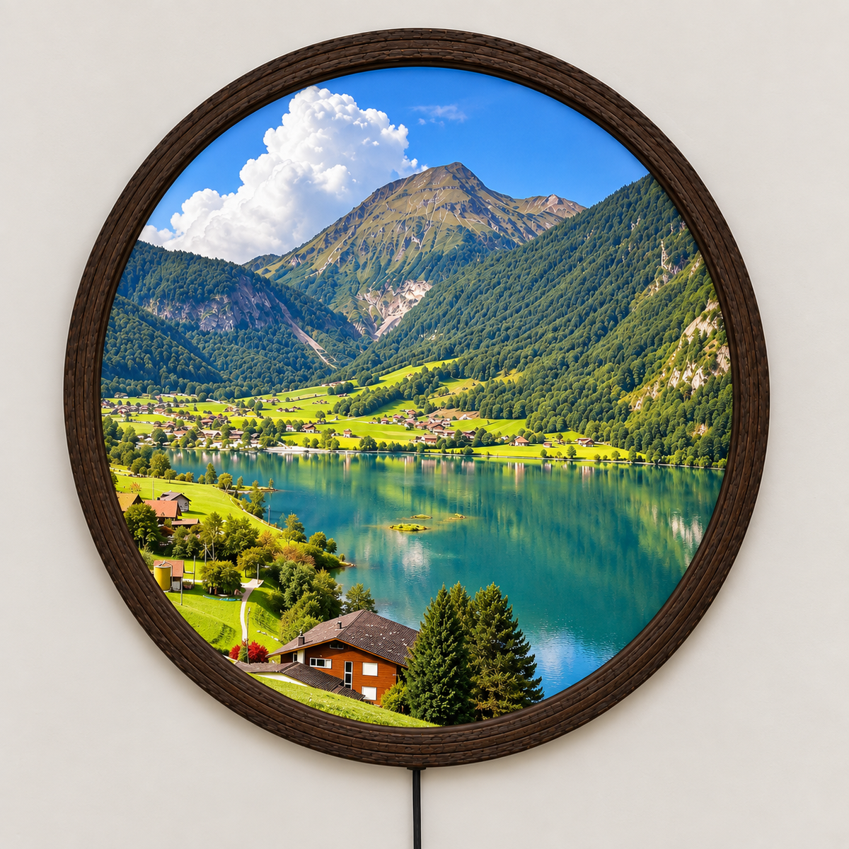 Round Mountain Lake LED Wall Art – Illuminated Landscape Wall Decor