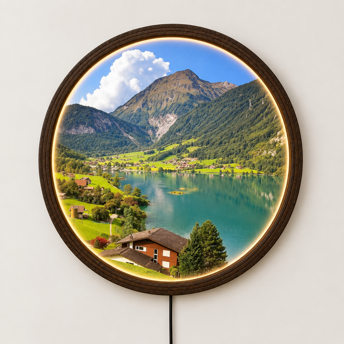 Round Mountain Lake LED Wall Art – Illuminated Landscape Wall Decor