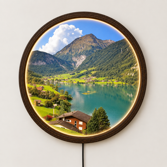 Round Mountain Lake LED Wall Art – Illuminated Landscape Wall Decor