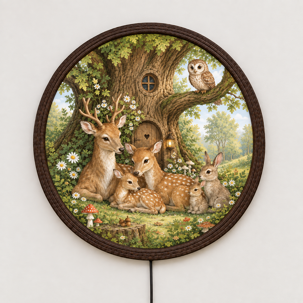 Enchanted Woodland Deer Family LED Wall Art – Round Illuminated Nature Decor