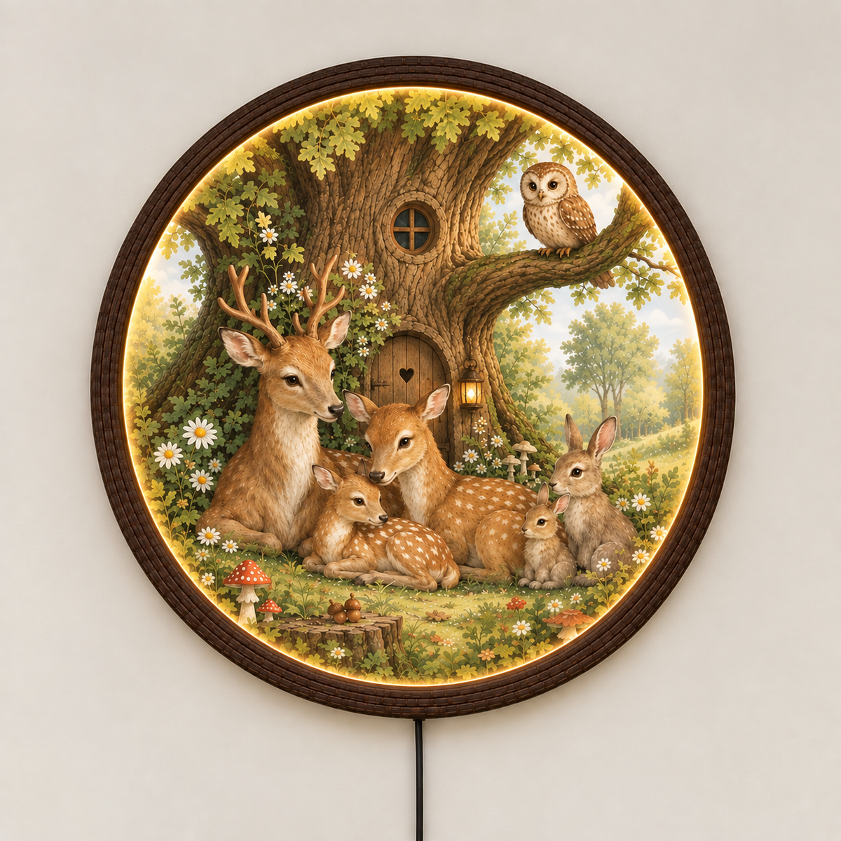 Enchanted Woodland Deer Family LED Wall Art – Round Illuminated Nature Decor