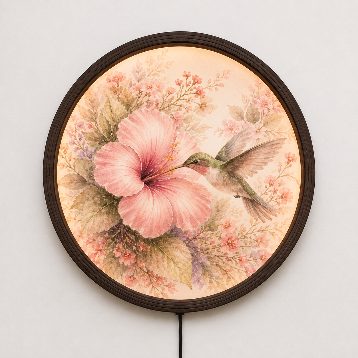 Hummingbird & Pink Hibiscus Illuminated Round Wall Art – LED Backlit Floral Wooden Frame Home Decor