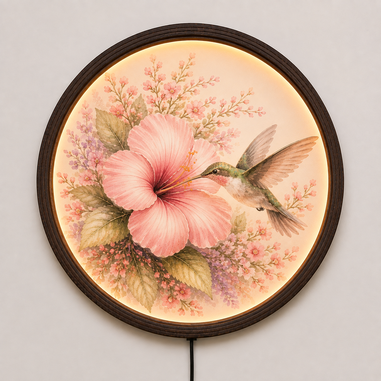 Hummingbird & Pink Hibiscus Illuminated Round Wall Art – LED Backlit Floral Wooden Frame Home Decor