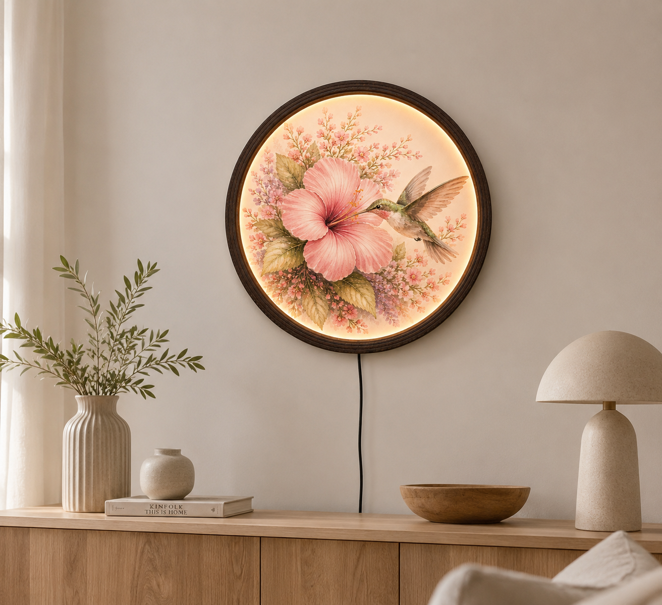 Hummingbird & Pink Hibiscus Illuminated Round Wall Art – LED Backlit Floral Wooden Frame Home Decor