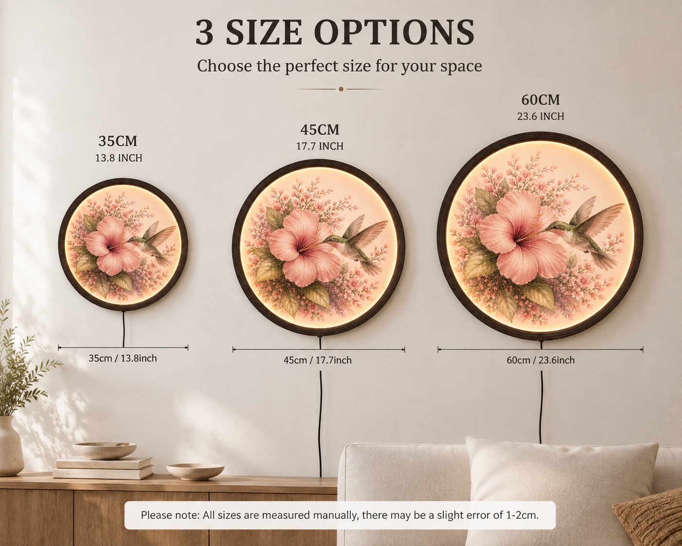 Hummingbird & Pink Hibiscus Illuminated Round Wall Art – LED Backlit Floral Wooden Frame Home Decor