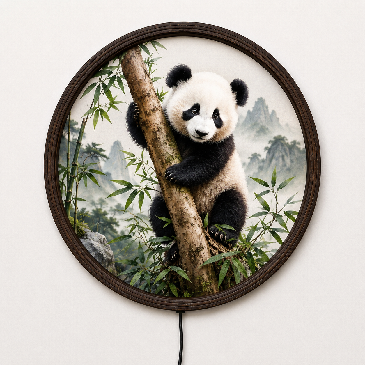 Illuminated Panda Bamboo Wooden LED Wall Art - Round Decorative Night Light