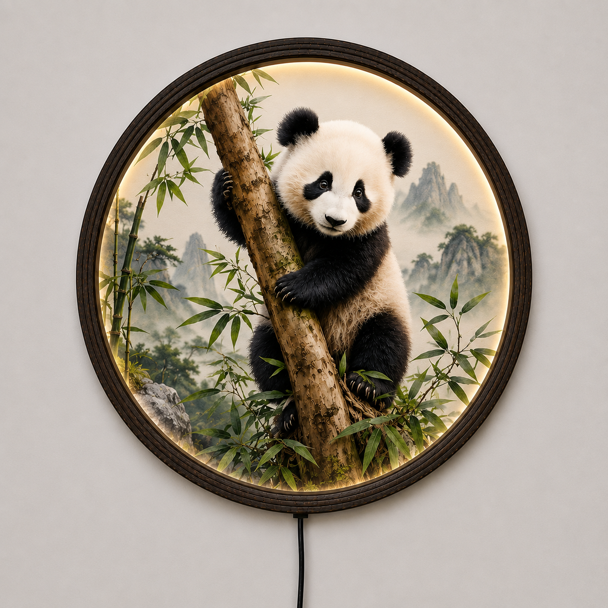 Illuminated Panda Bamboo Wooden LED Wall Art - Round Decorative Night Light
