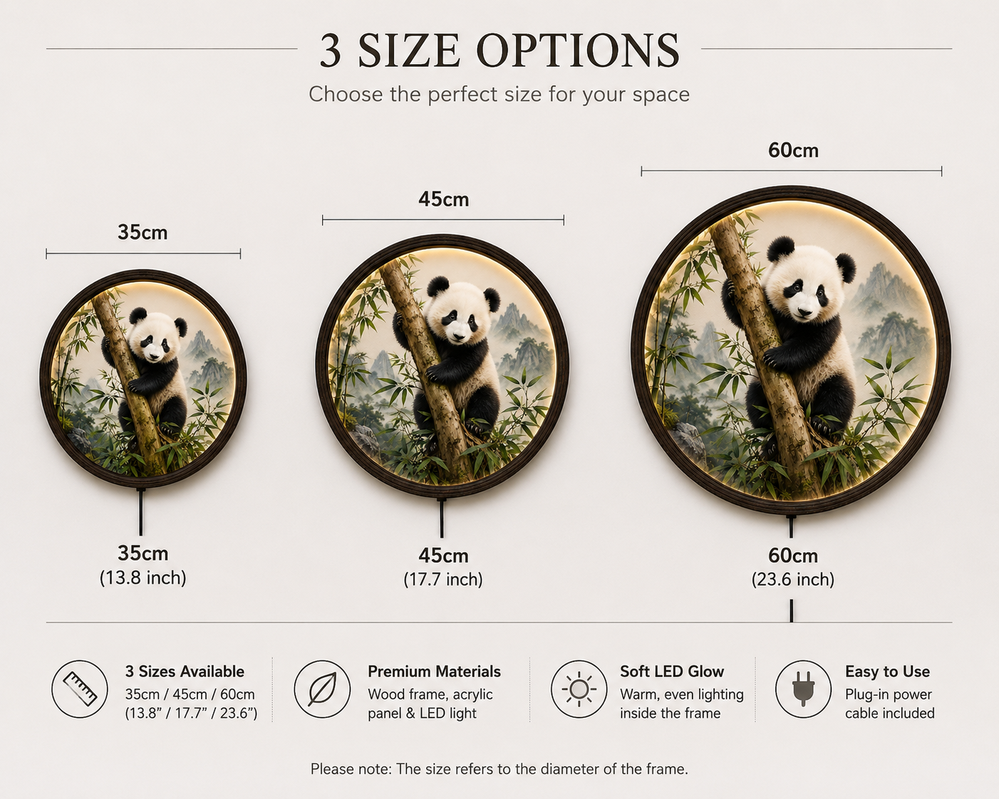 Illuminated Panda Bamboo Wooden LED Wall Art - Round Decorative Night Light