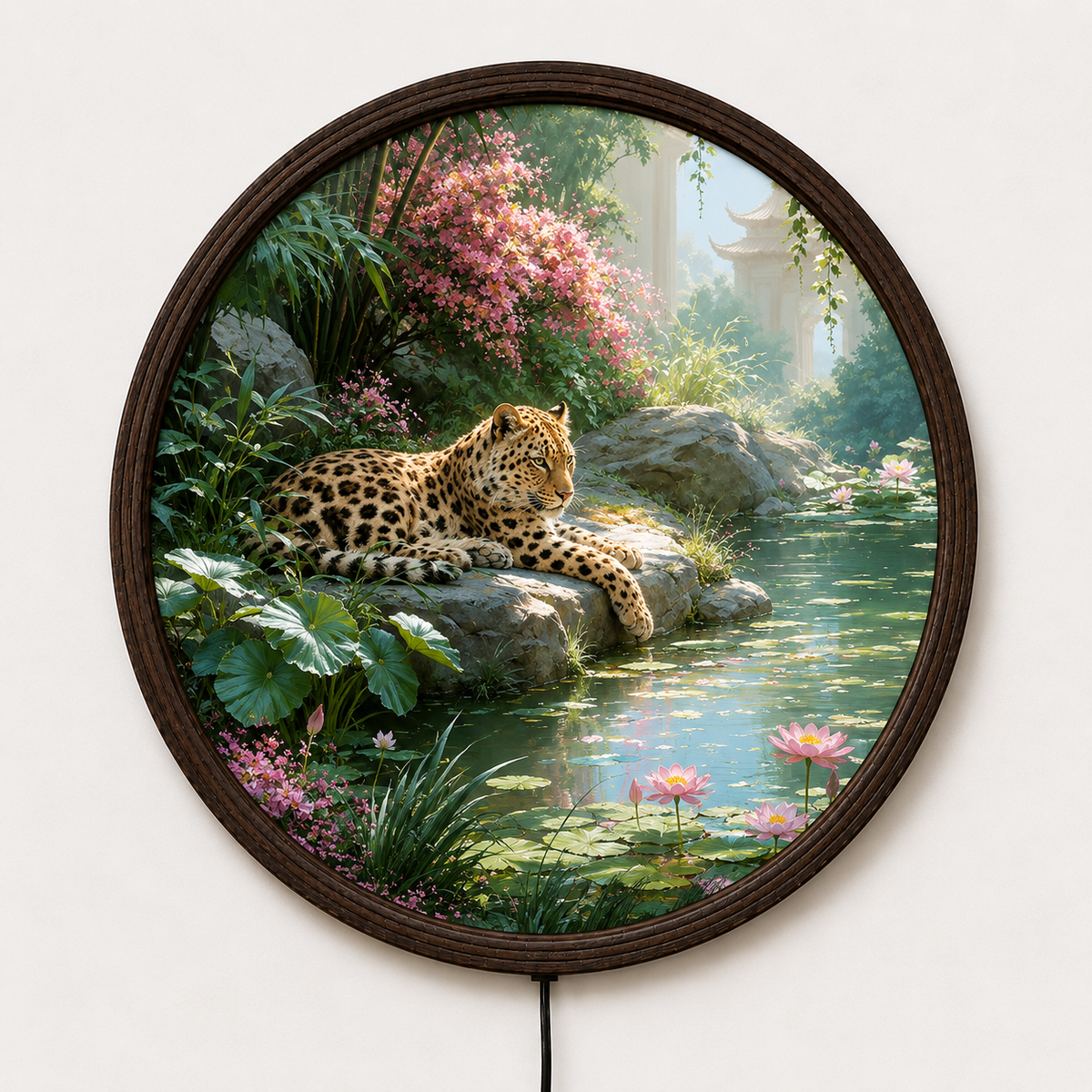 LED Illuminated Round Wall Art – Oriental Leopard & Lotus Garden Canvas Decor