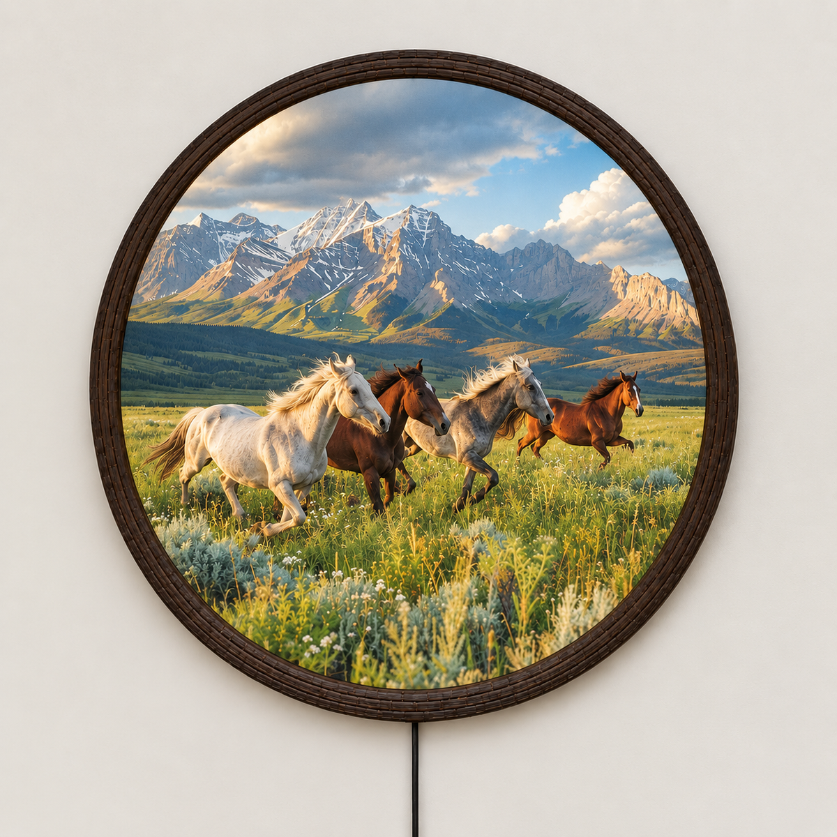 Horse Mountain Landscape LED Round Wall Art – Illuminated Rustic Wall Decor