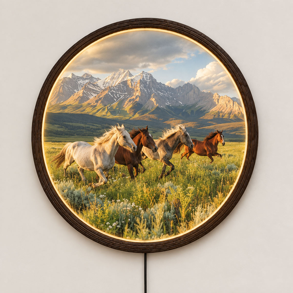 Horse Mountain Landscape LED Round Wall Art – Illuminated Rustic Wall Decor
