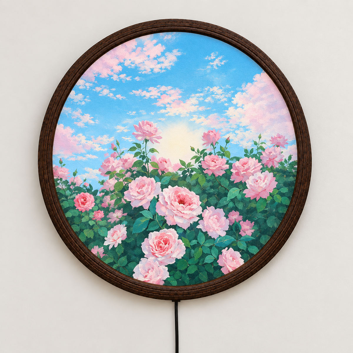 Pink Rose Garden LED Wall Art – Round Illuminated Floral Wall Decor