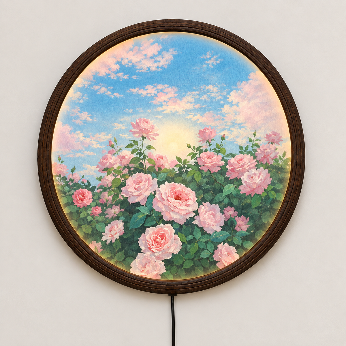 Pink Rose Garden LED Wall Art – Round Illuminated Floral Wall Decor