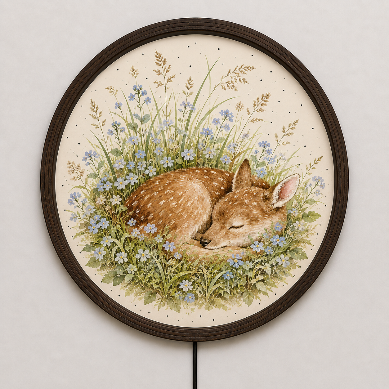 Sleeping Baby Fawn Backlit Wall Art - Round LED Illuminated Forest Deer Frame for Nursery & Living Room