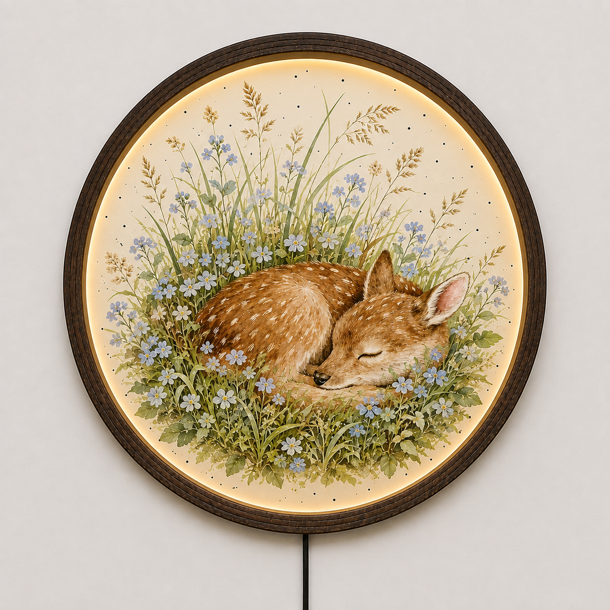 Sleeping Baby Fawn Backlit Wall Art - Round LED Illuminated Forest Deer Frame for Nursery & Living Room
