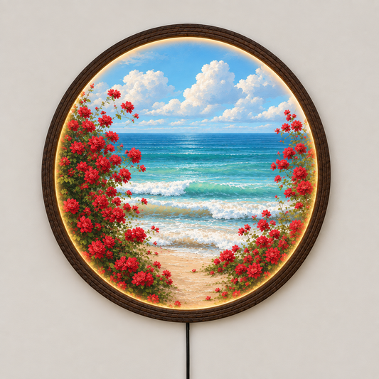 Coastal Red Blossom LED Wall Art – Round Ocean Sunset Home Decor